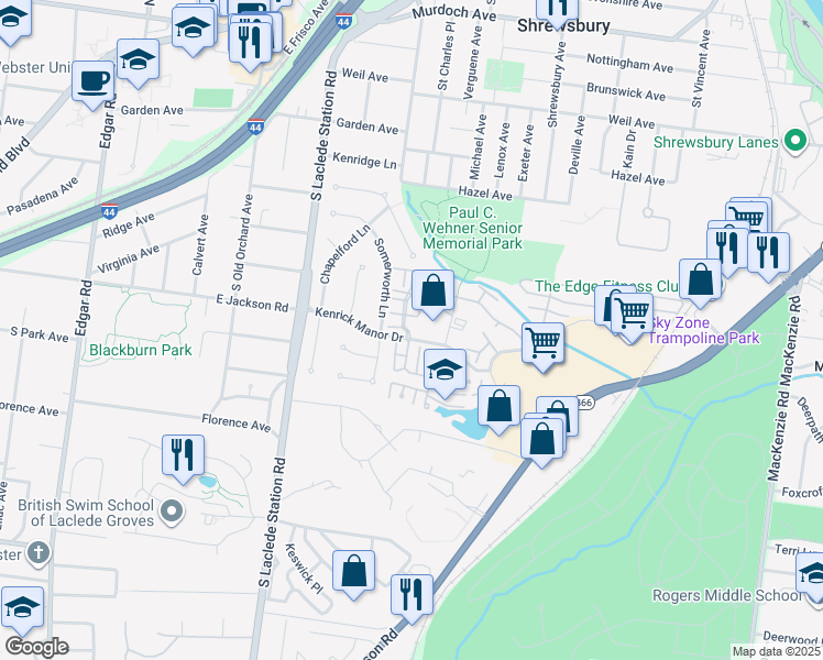 map of restaurants, bars, coffee shops, grocery stores, and more near 5374 Kenrick Parke Drive in St. Louis