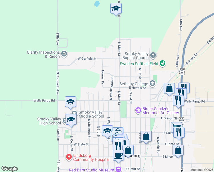 map of restaurants, bars, coffee shops, grocery stores, and more near 204 West Normal Drive in Lindsborg