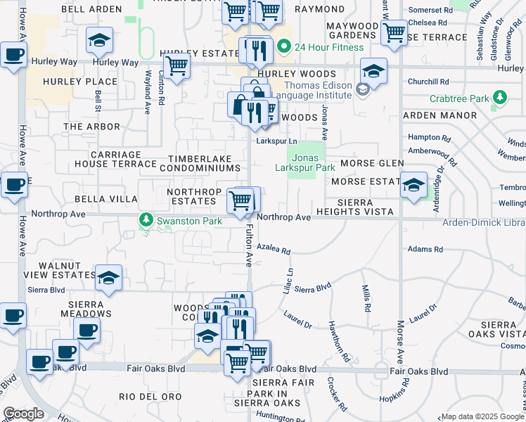 map of restaurants, bars, coffee shops, grocery stores, and more near in Arden-Arcade