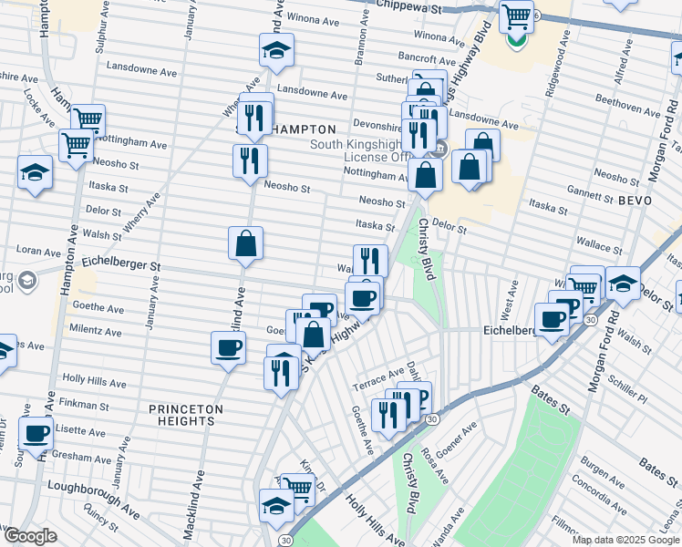 map of restaurants, bars, coffee shops, grocery stores, and more near 4958 Walsh Street in St. Louis
