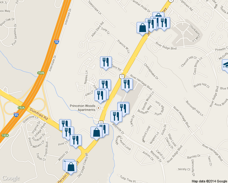map of restaurants, bars, coffee shops, grocery stores, and more near 17017 Jefferson Davis Highway in Dumfries