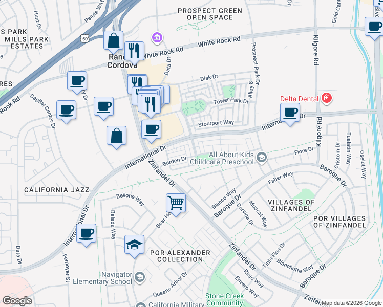 map of restaurants, bars, coffee shops, grocery stores, and more near 3247 Tysley Way in Rancho Cordova