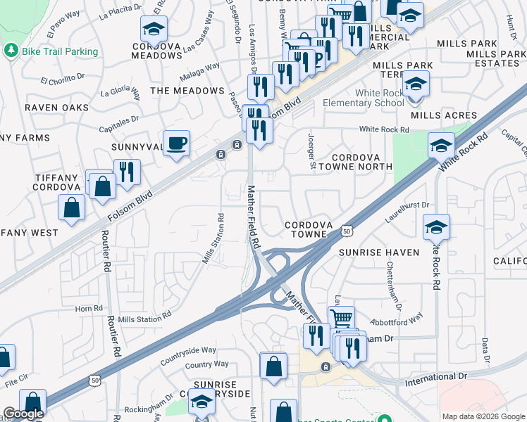 map of restaurants, bars, coffee shops, grocery stores, and more near 3024 Ramsgate Way in Rancho Cordova