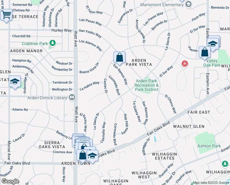 map of restaurants, bars, coffee shops, grocery stores, and more near 895 La Sierra Drive in Sacramento