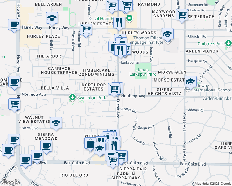 map of restaurants, bars, coffee shops, grocery stores, and more near in Arden-Arcade