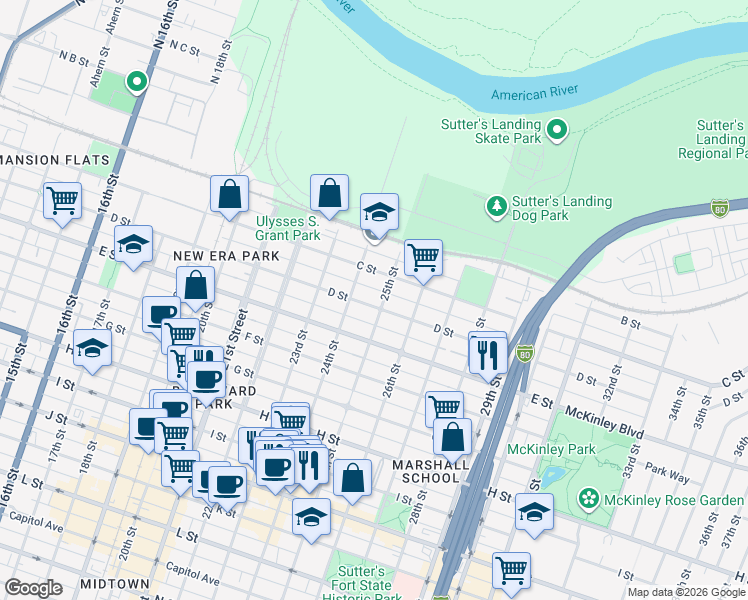 map of restaurants, bars, coffee shops, grocery stores, and more near 2509 D Street in Sacramento