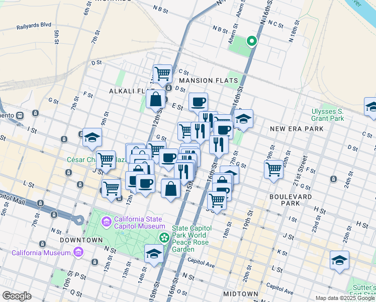 map of restaurants, bars, coffee shops, grocery stores, and more near 711 14th Street in Sacramento