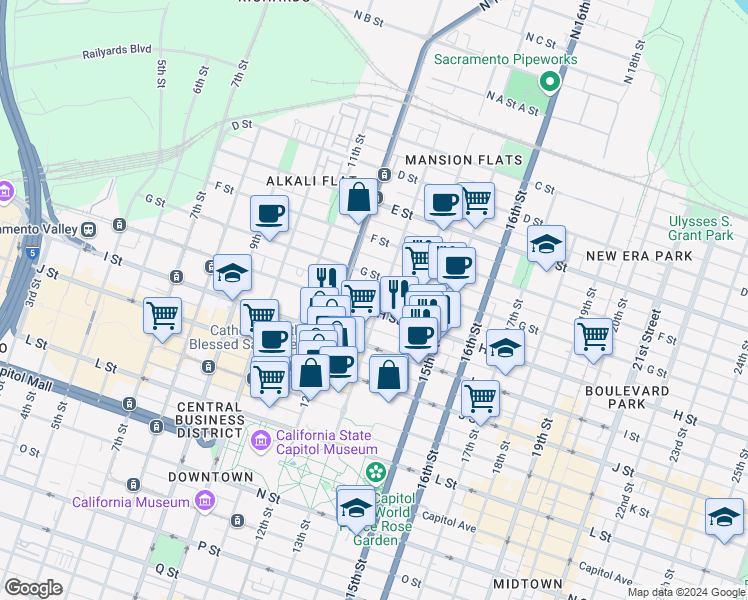 map of restaurants, bars, coffee shops, grocery stores, and more near 1301 H Street in Sacramento
