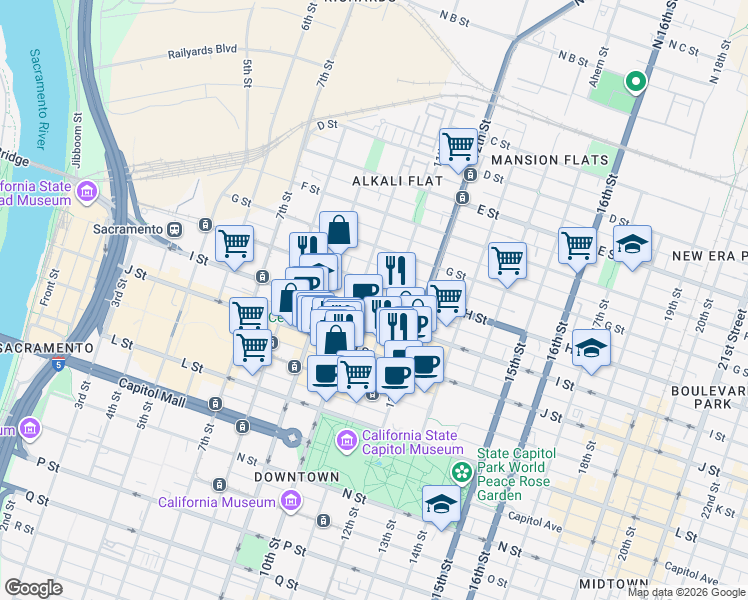 map of restaurants, bars, coffee shops, grocery stores, and more near 92 Improv Alley in Sacramento