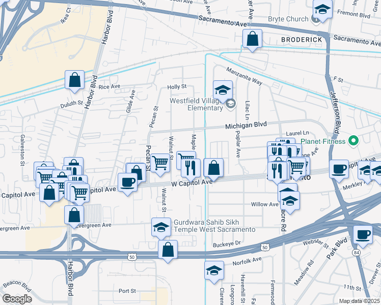 map of restaurants, bars, coffee shops, grocery stores, and more near 701 Cedar Street in West Sacramento