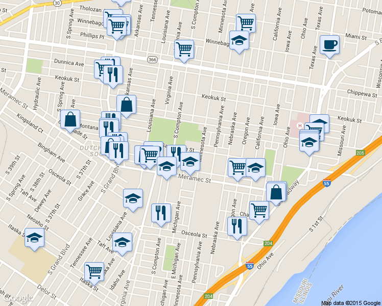 map of restaurants, bars, coffee shops, grocery stores, and more near 4117 Michigan Avenue in St. Louis