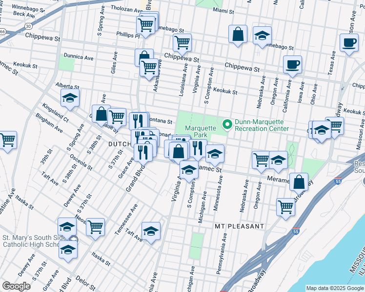 map of restaurants, bars, coffee shops, grocery stores, and more near 4117 Virginia Avenue in St. Louis