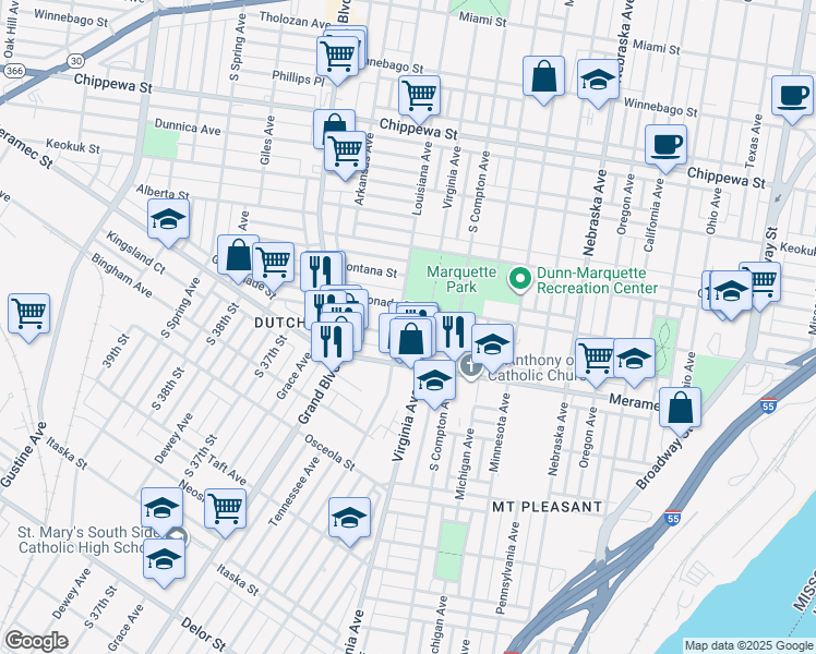 map of restaurants, bars, coffee shops, grocery stores, and more near 4117 Virginia Avenue in St. Louis