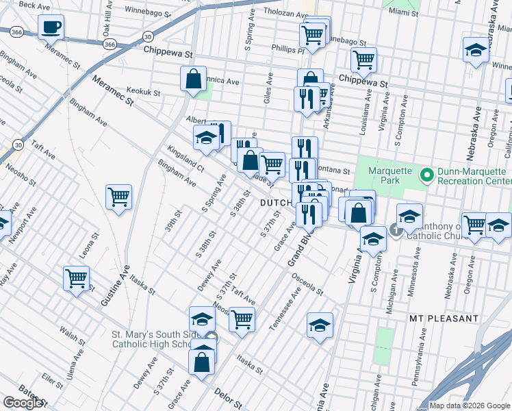 map of restaurants, bars, coffee shops, grocery stores, and more near 4226 Dewey Avenue in St. Louis