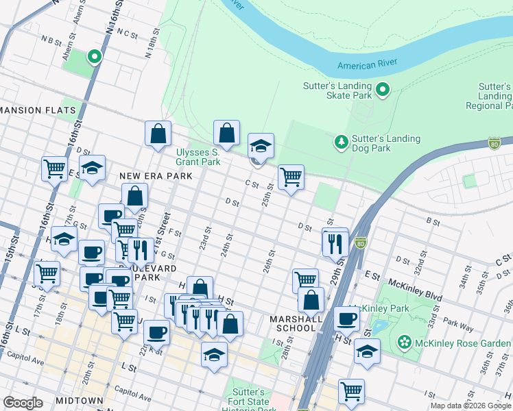 map of restaurants, bars, coffee shops, grocery stores, and more near 2509 D Street in Sacramento