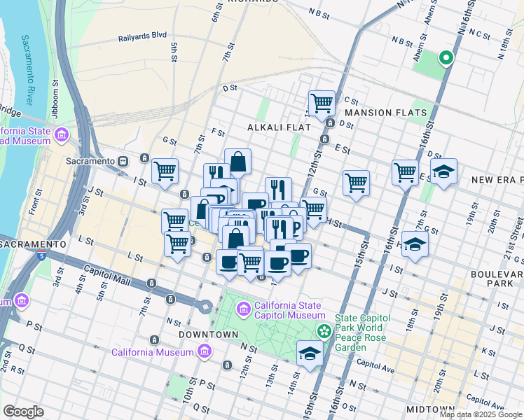 map of restaurants, bars, coffee shops, grocery stores, and more near 1001 I Street in Sacramento