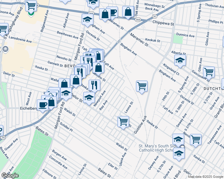 map of restaurants, bars, coffee shops, grocery stores, and more near 4627 Ray Avenue in St. Louis