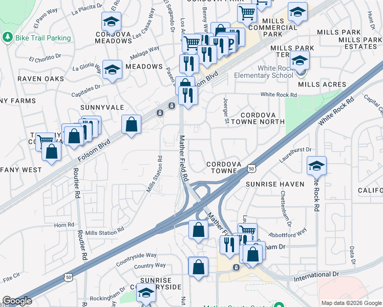 map of restaurants, bars, coffee shops, grocery stores, and more near 3024 Ramsgate Way in Rancho Cordova