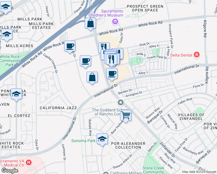 map of restaurants, bars, coffee shops, grocery stores, and more near 10799 International Drive in Rancho Cordova