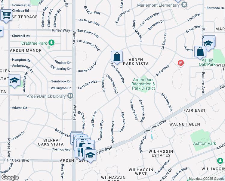 map of restaurants, bars, coffee shops, grocery stores, and more near 895 La Sierra Drive in Sacramento