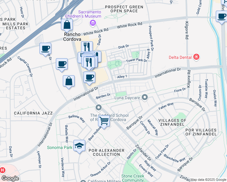map of restaurants, bars, coffee shops, grocery stores, and more near 3247 Tysley Way in Rancho Cordova