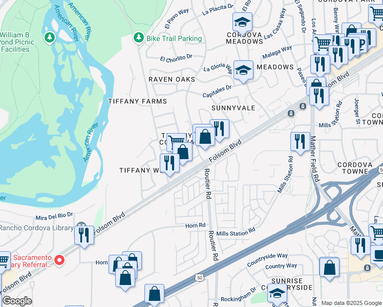 map of restaurants, bars, coffee shops, grocery stores, and more near 2081 West La Loma Drive in Rancho Cordova