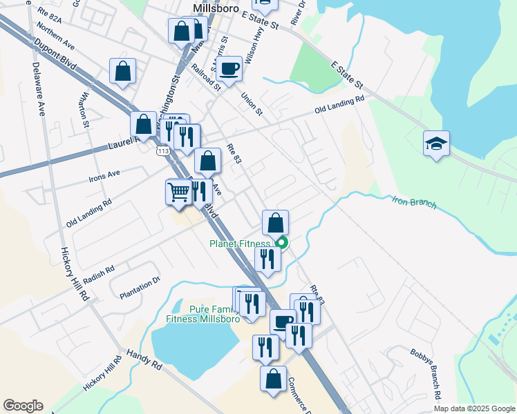 map of restaurants, bars, coffee shops, grocery stores, and more near 29637 Sawyer Loop in Millsboro