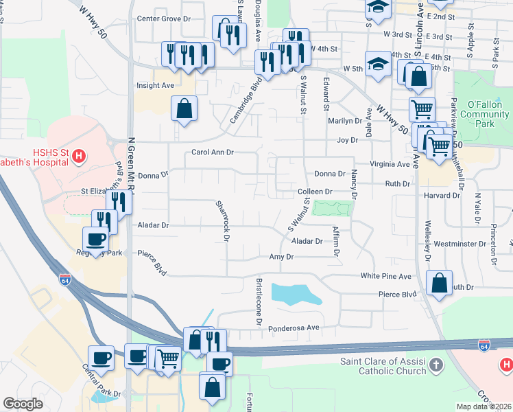 map of restaurants, bars, coffee shops, grocery stores, and more near 1112 Danzig Drive in O'Fallon