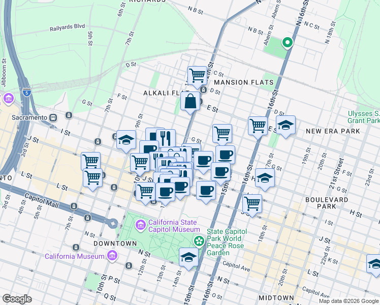 map of restaurants, bars, coffee shops, grocery stores, and more near 1211 H Street in Sacramento