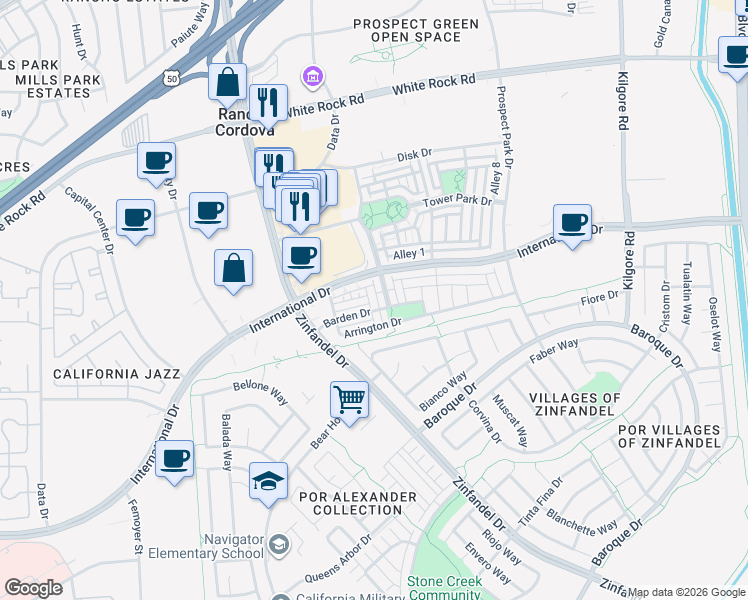 map of restaurants, bars, coffee shops, grocery stores, and more near 3231 Gosport Way in Rancho Cordova