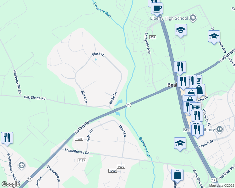 map of restaurants, bars, coffee shops, grocery stores, and more near 11025 Blake Lane in Bealeton