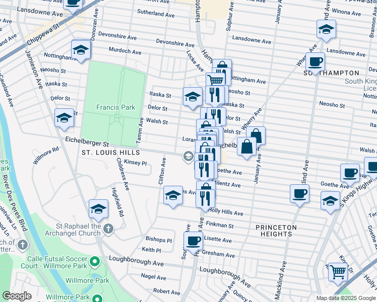 map of restaurants, bars, coffee shops, grocery stores, and more near 5853 Eichelberger Street in St. Louis