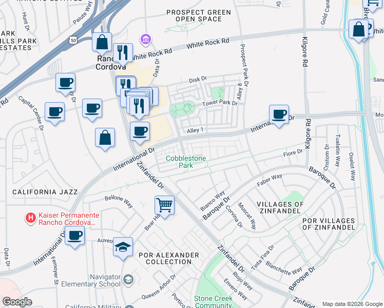 map of restaurants, bars, coffee shops, grocery stores, and more near 10900 Barden Drive in Rancho Cordova