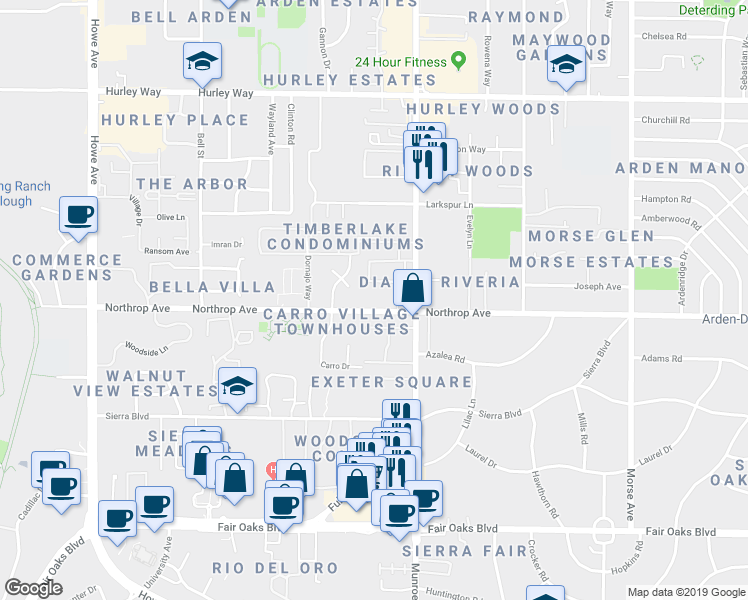 map of restaurants, bars, coffee shops, grocery stores, and more near 2492 Northrop Avenue in Sacramento