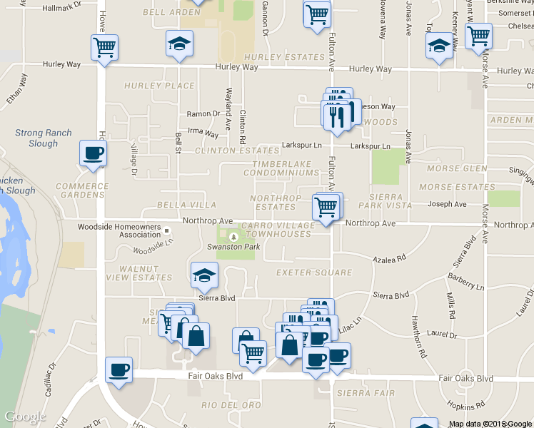 map of restaurants, bars, coffee shops, grocery stores, and more near 2410 Northrop Avenue in Sacramento