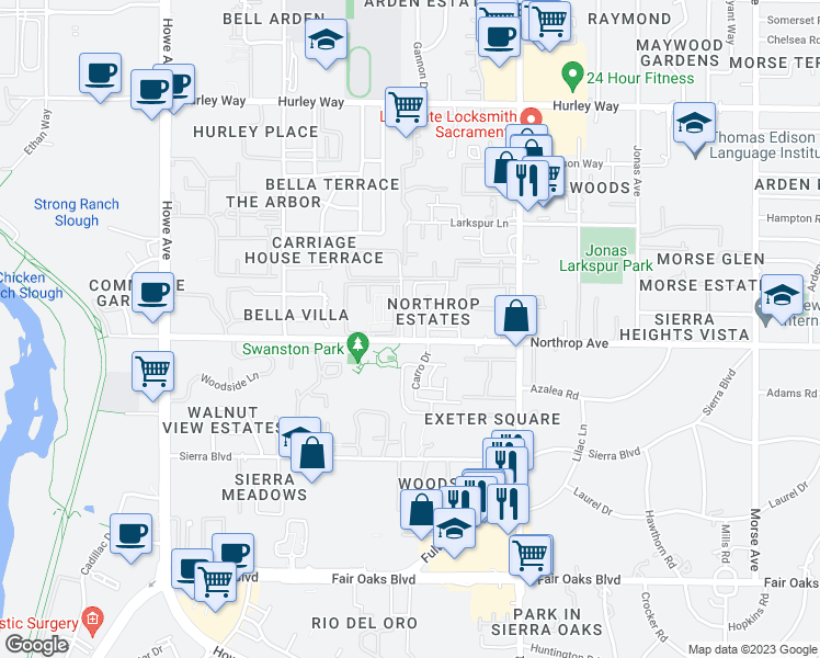 map of restaurants, bars, coffee shops, grocery stores, and more near 2410 Northrop Avenue in Sacramento
