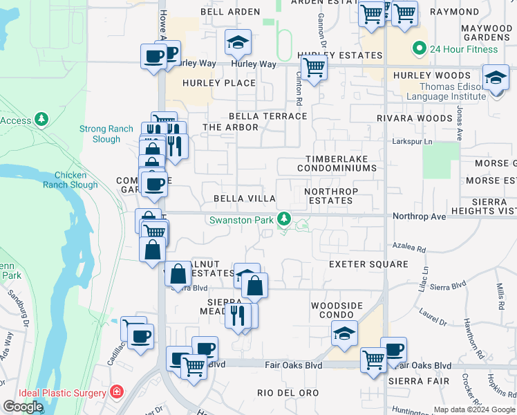 map of restaurants, bars, coffee shops, grocery stores, and more near 899 Woodside Lane East in Sacramento