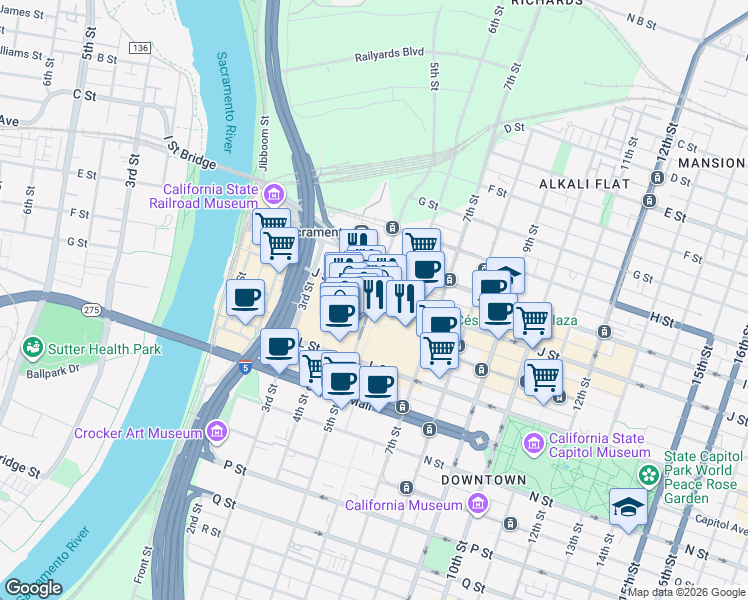 map of restaurants, bars, coffee shops, grocery stores, and more near 630 K Street in Sacramento