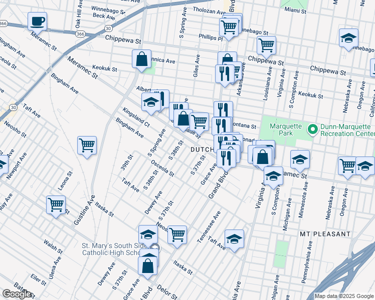 map of restaurants, bars, coffee shops, grocery stores, and more near 4226 Dewey Avenue in St. Louis