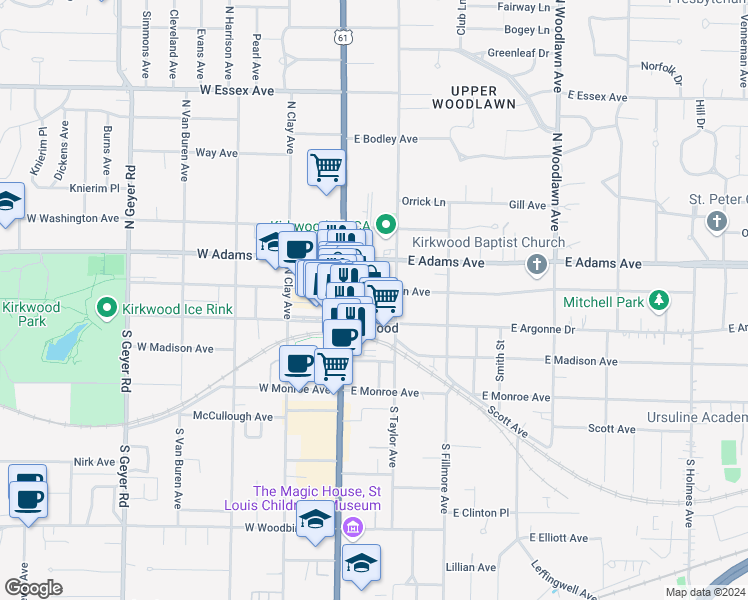 map of restaurants, bars, coffee shops, grocery stores, and more near 127 East Argonne Drive in Kirkwood