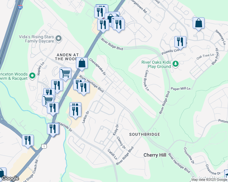map of restaurants, bars, coffee shops, grocery stores, and more near 2939 Gilder Way in Dumfries