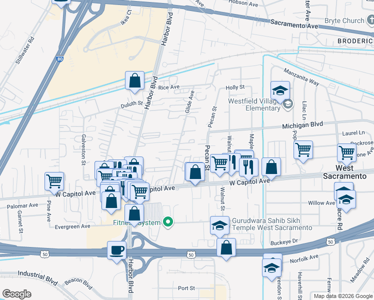 map of restaurants, bars, coffee shops, grocery stores, and more near 715 Glide Avenue in West Sacramento