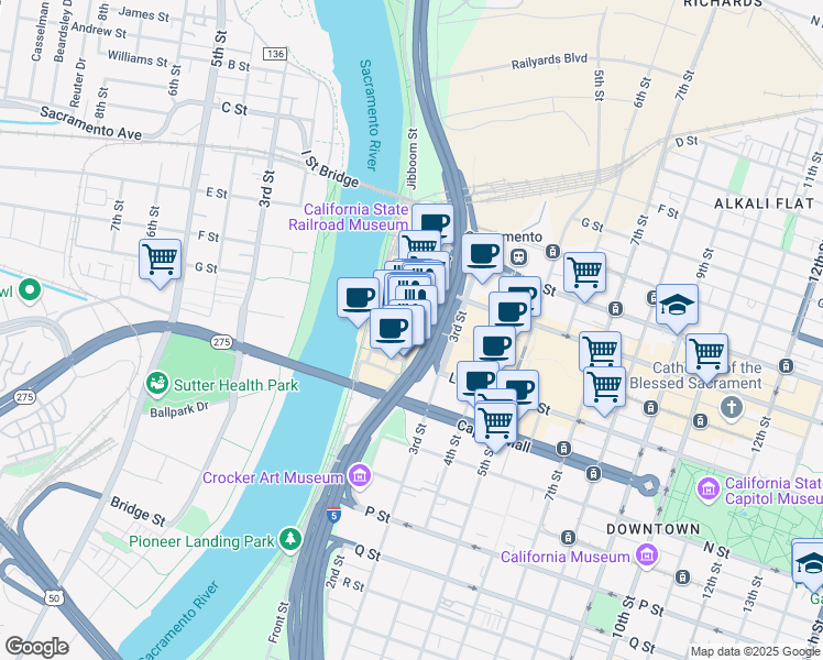 map of restaurants, bars, coffee shops, grocery stores, and more near 1111 2nd Street in Sacramento