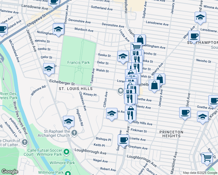 map of restaurants, bars, coffee shops, grocery stores, and more near 6211 Eichelberger Street in St. Louis