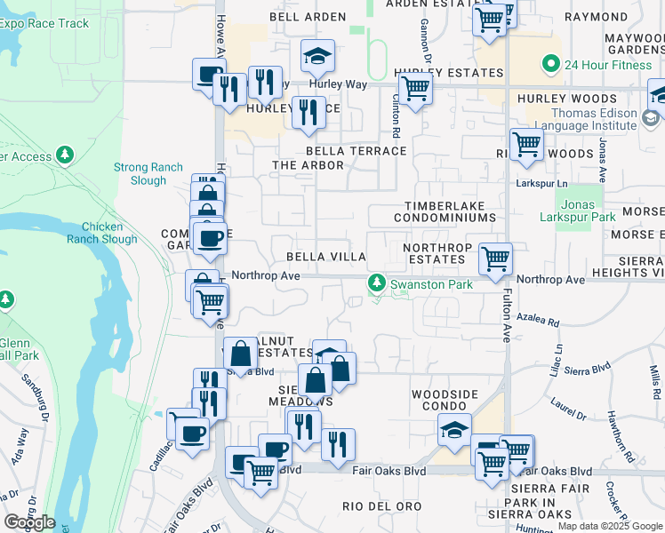 map of restaurants, bars, coffee shops, grocery stores, and more near 2308 Villanova Circle in Sacramento