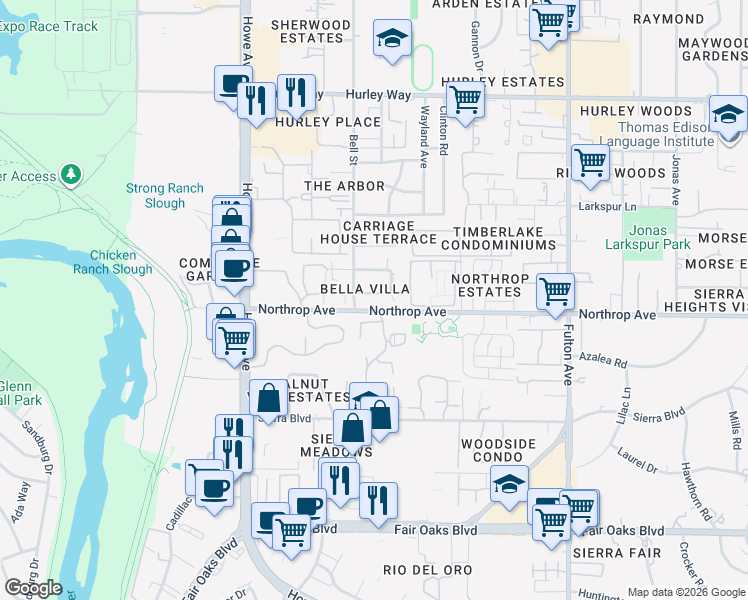 map of restaurants, bars, coffee shops, grocery stores, and more near 2308 Villanova Circle in Sacramento