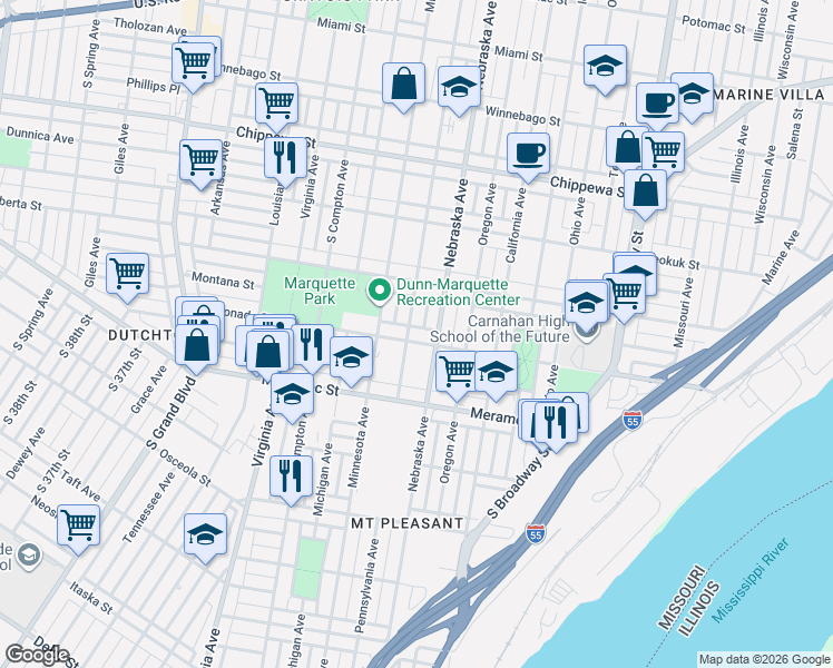 map of restaurants, bars, coffee shops, grocery stores, and more near 4101 Nebraska Avenue in St. Louis