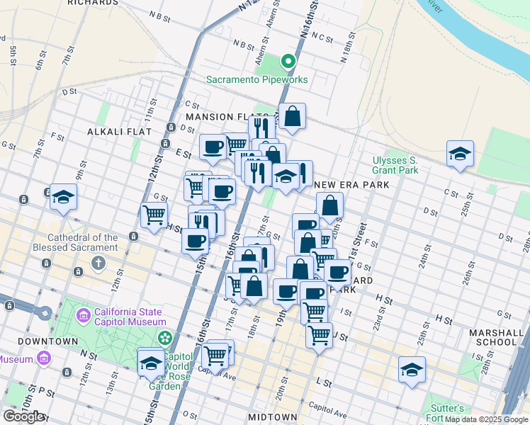 map of restaurants, bars, coffee shops, grocery stores, and more near 602 17th Street in Sacramento