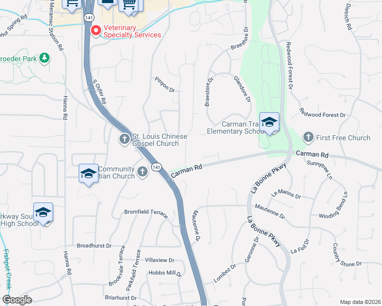 map of restaurants, bars, coffee shops, grocery stores, and more near 1035 Carman Road in Ballwin