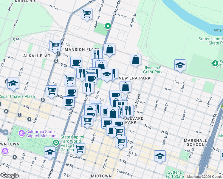 map of restaurants, bars, coffee shops, grocery stores, and more near 1801 F Street in Sacramento